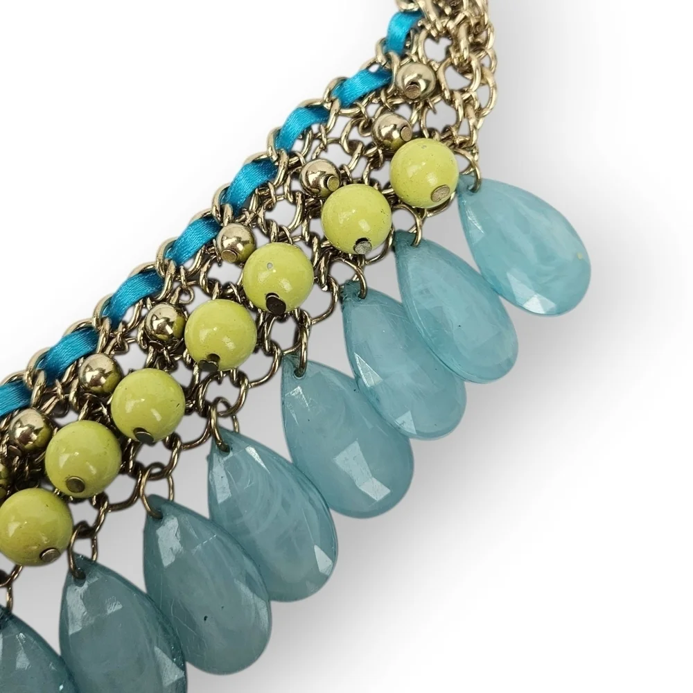 RJ Graziano Statement Chain Necklace Faux Turquoise Bib Green Blue Gold Tone 18